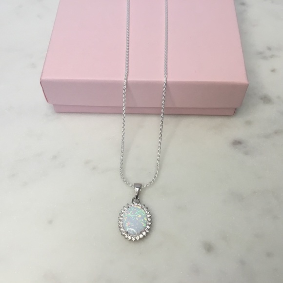 Sterling Silver White Lab Opal & Cz's Necklace - Picture 10 of 15